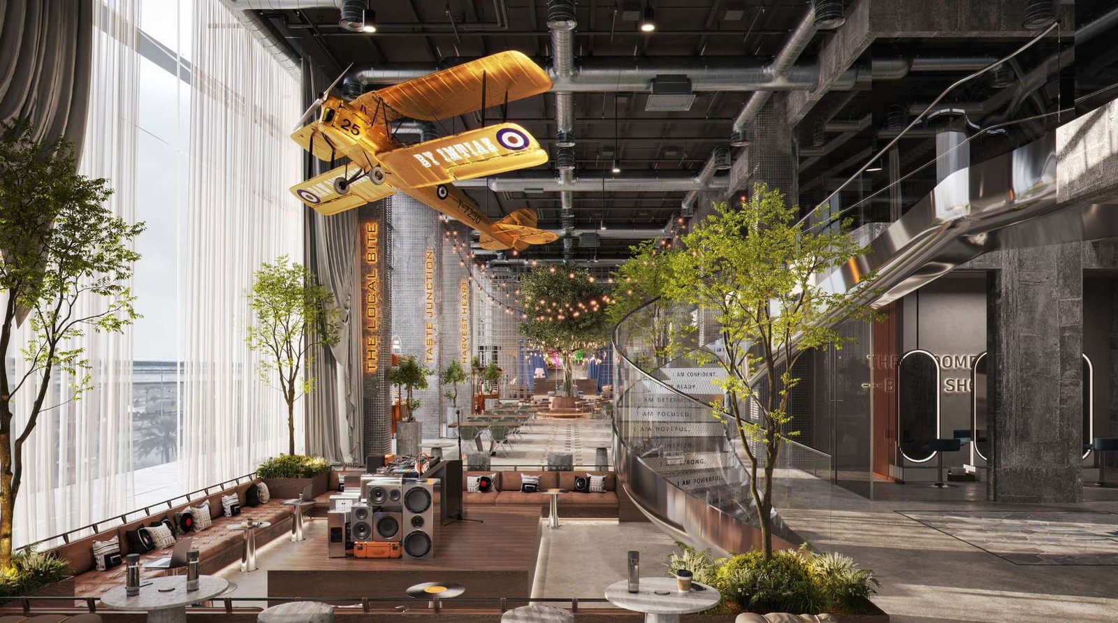 Social lounge with suspended biplane